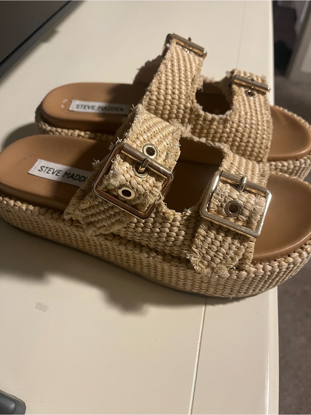 Steve Madden Kids Natural Beige Woven Double-Buckle Slide Sandals